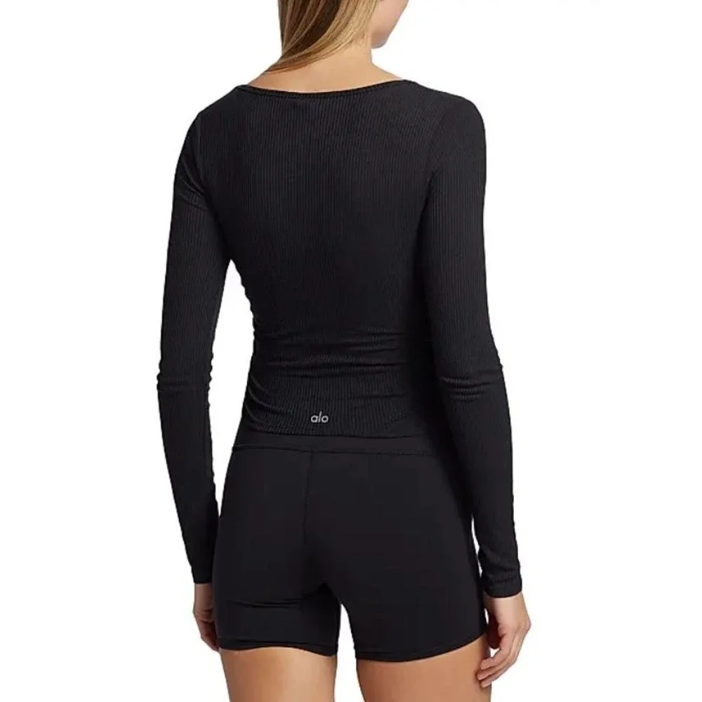 Alo Yoga Gathered Rib-Knit Crop Top Black Side Ruched Long Sleeve Top  Women's